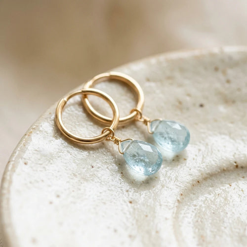 Dainty Aquamarine Crystal Teardrop Dangle Earrings on 14k gold-plated sterling silver hoops