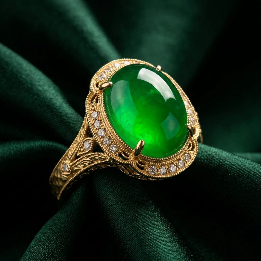 Classic Genuine Imperial Green Jade Cabochon Statement Ring in 18k gold-plated 925 sterling silver
