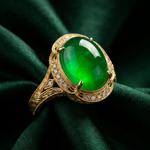 Classic Genuine Imperial Green Jade Cabochon Statement Ring in 18k gold-plated 925 sterling silver