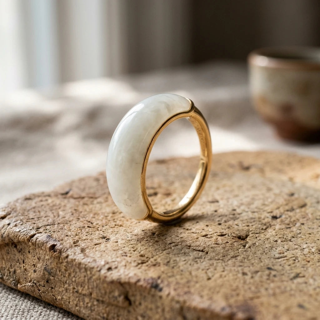 Minimalist Genuine Nephrite White Jade Adjustable Band Ring in 18k gold-filled silver