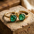 Raw Emerald-Green Fluorite Crystal Hoop Earrings on hand-hammered gold hoops