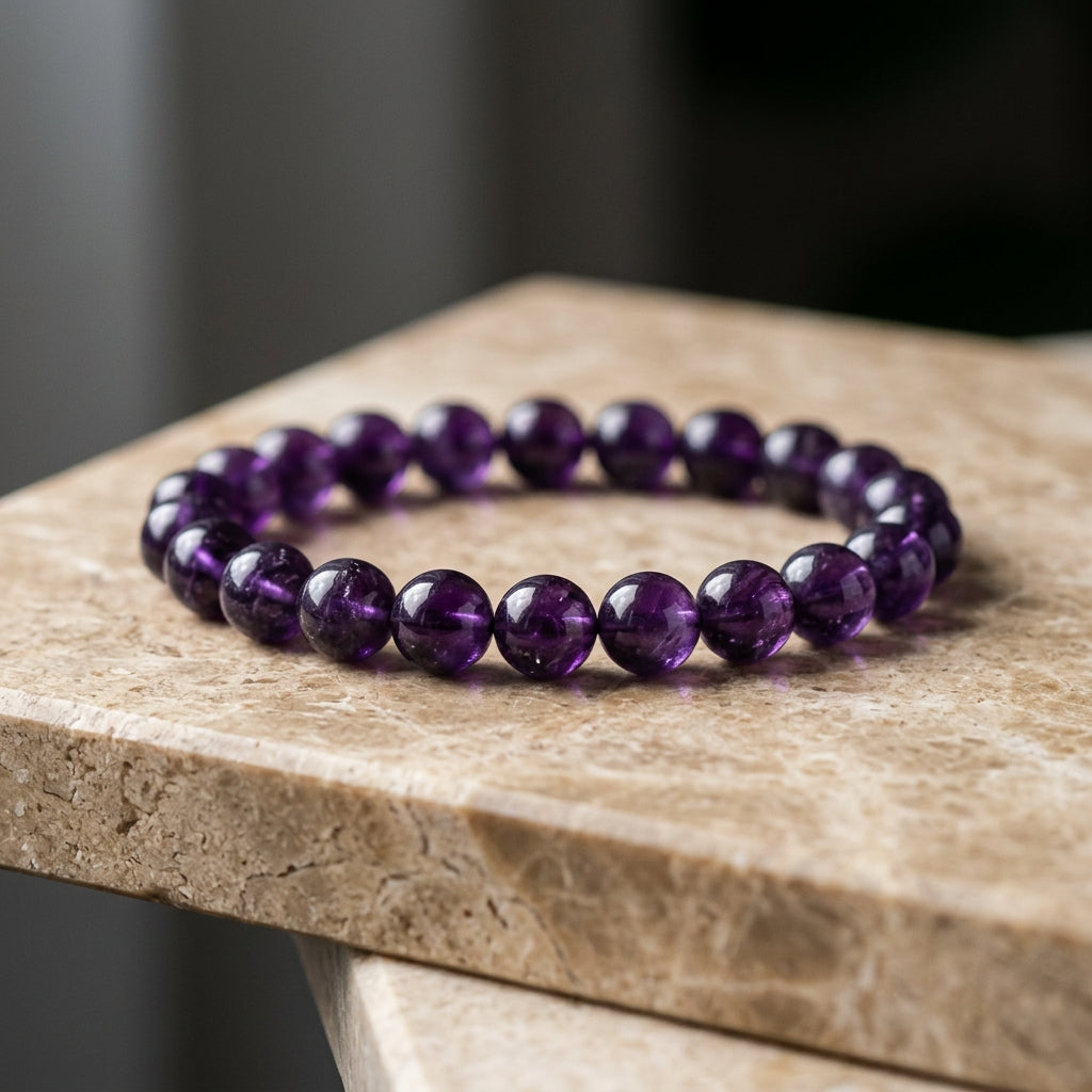 Genuine Amethyst Healing Crystal Beaded Bracelet 8mm - Natural Purple Gemstone