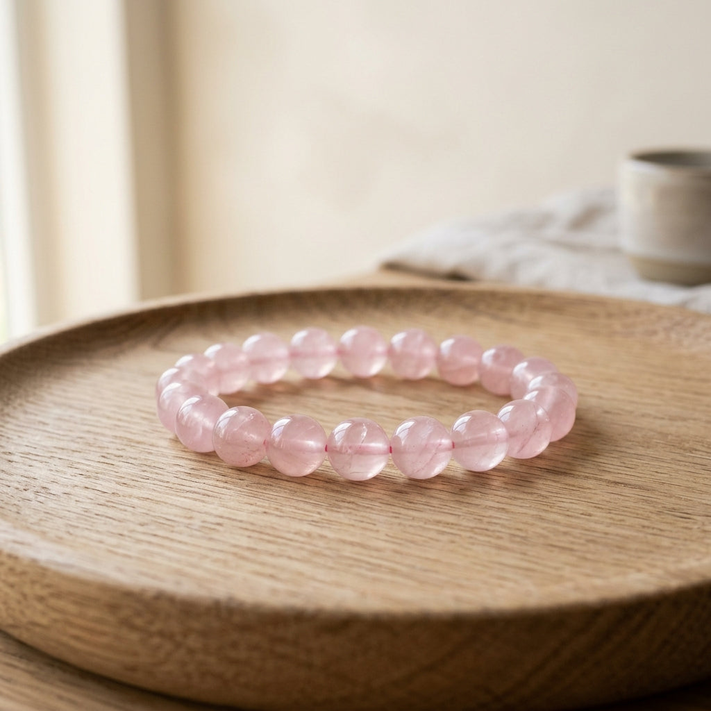 Natural Rose Quartz Love Aura Beaded Gemstone Bracelet - Madagascar Pink Crystal
